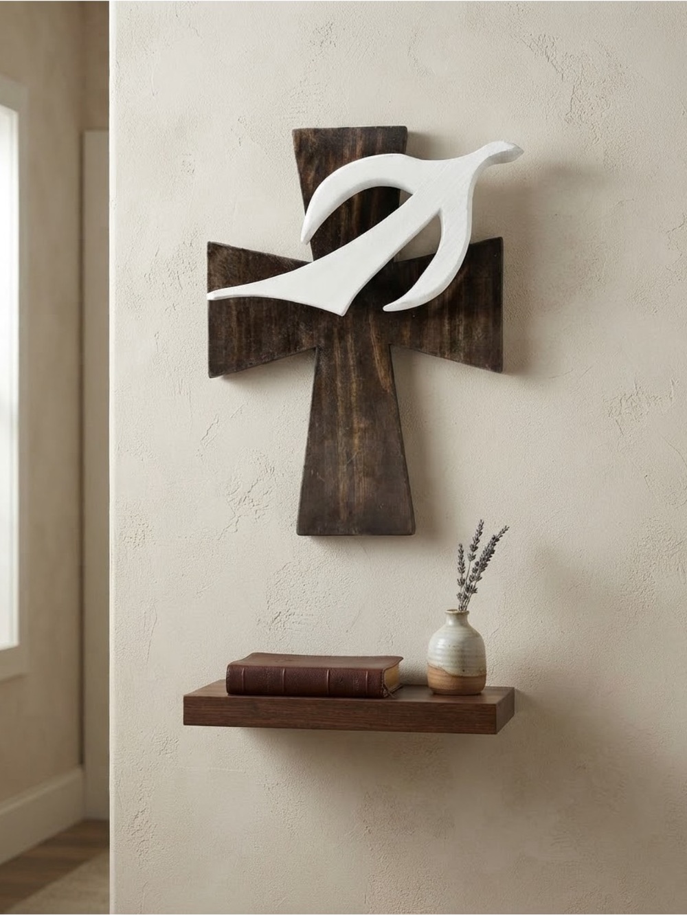 Rustic Brown Wood Cross Wall Decor with White Dove Accent